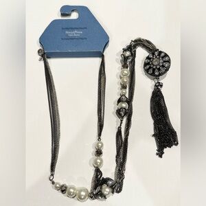Simply Vera Wang Long Layered Multi Chain Tassel Necklace Beads Pearls Gunmetal
